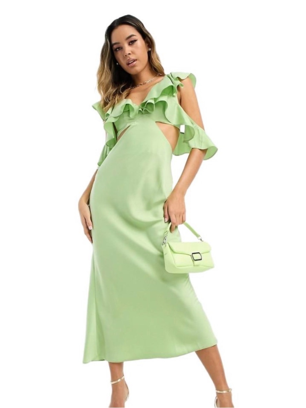 NWT ASOS Ruffle Cold-Shoulder Midaxi Dress in Mint Green